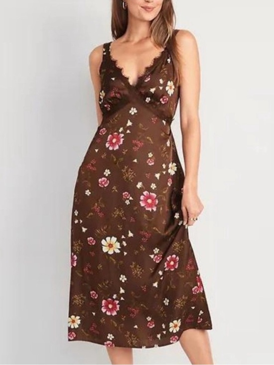 Old Navy Dresses & Skirts - Old Navy Brown Floral Slip Dress with Pink & Cream Flowers